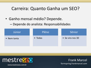 Carreira: QuantoGanha um SEO?Ganho mensal médio? Depende.Depende do analista: Responsabilidades