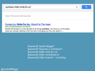 [keyword]   "guest blogger"
                 [keyword]   "become a contributor"
                 [keyword]   intitle:“writ...