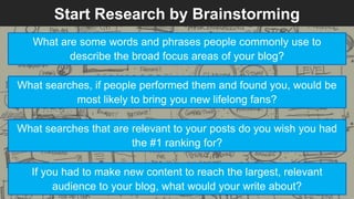 Start Research by Brainstorming 
What are some words and phrases people commonly use to 
describe the broad focus areas of your blog? 
What searches, if people performed them and found you, would be 
most likely to bring you new lifelong fans? 
What searches that are relevant to your posts do you wish you had 
the #1 ranking for? 
If you had to make new content to reach the largest, relevant 
audience to your blog, what would your write about? 
 
