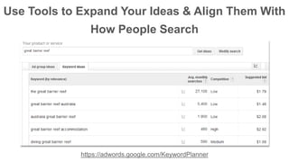 Use Tools to Expand Your Ideas & Align Them With 
How People Search 
https://adwords.google.com/KeywordPlanner 
 