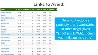 Links to Avoid: 
Generic directories 
probably aren’t worthwhile 
for most blogs (even 
Yahoo! and DMOZ, though 
your mileage may vary) 
 