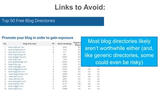 Links to Avoid: 
Most blog directories likely 
aren’t worthwhile either (and, 
like generic directories, some 
could even be risky) 
 