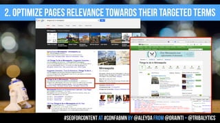 2. optimize pages relevance towards their targeted terms
#seoforcontent AT #confabmn by @aleyda from @orainti + @tribalytics
 