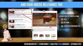 and your videos relevance TOO
#seoforcontent AT #confabmn by @aleyda from @orainti + @tribalytics
title
file name
optimize with the targeted terms
caption or surrounding text
 