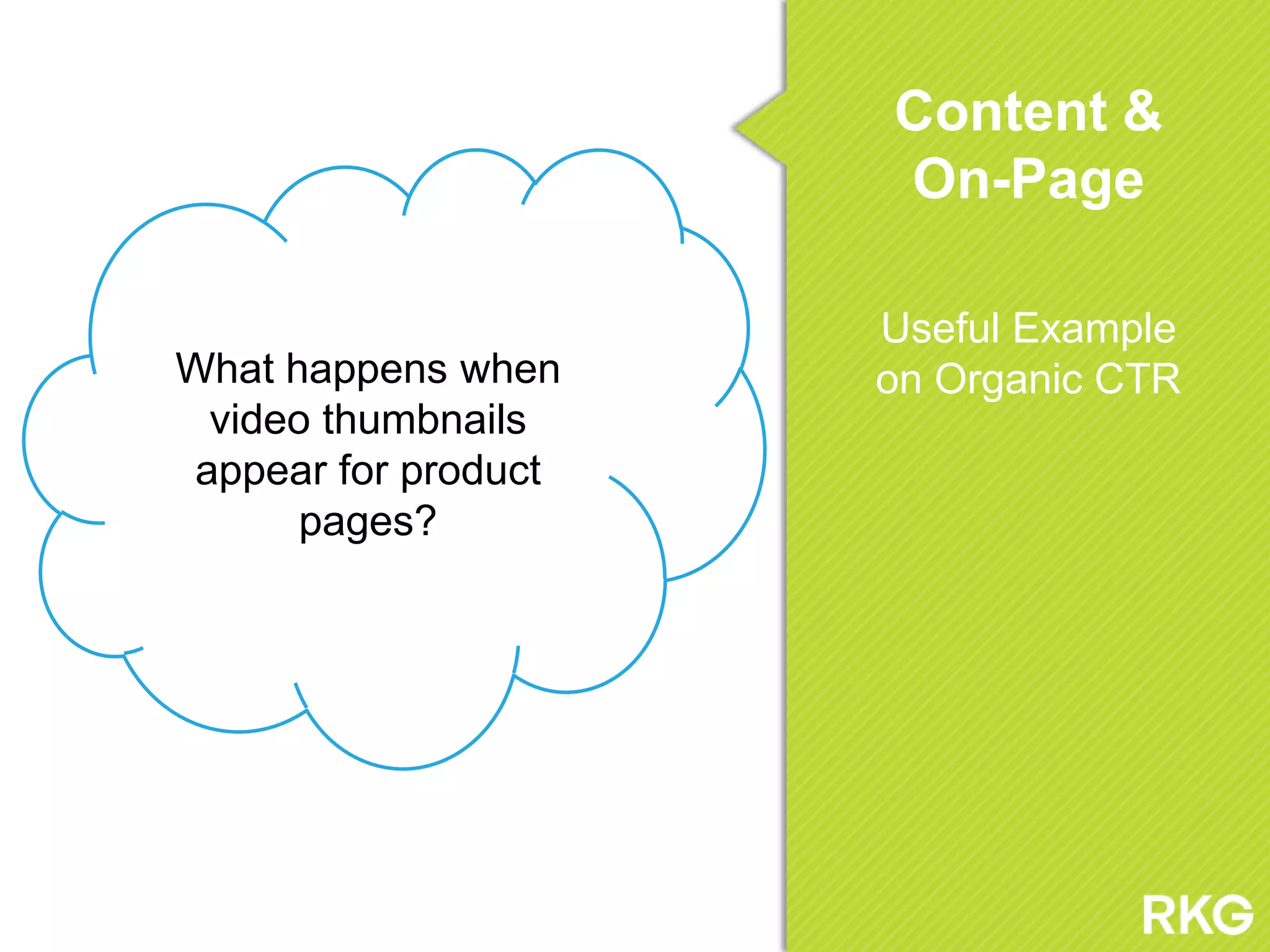 Useful Example
on Organic CTRWhat happens when
video thumbnails
appear for product
pages?
Content &
On-Page
 