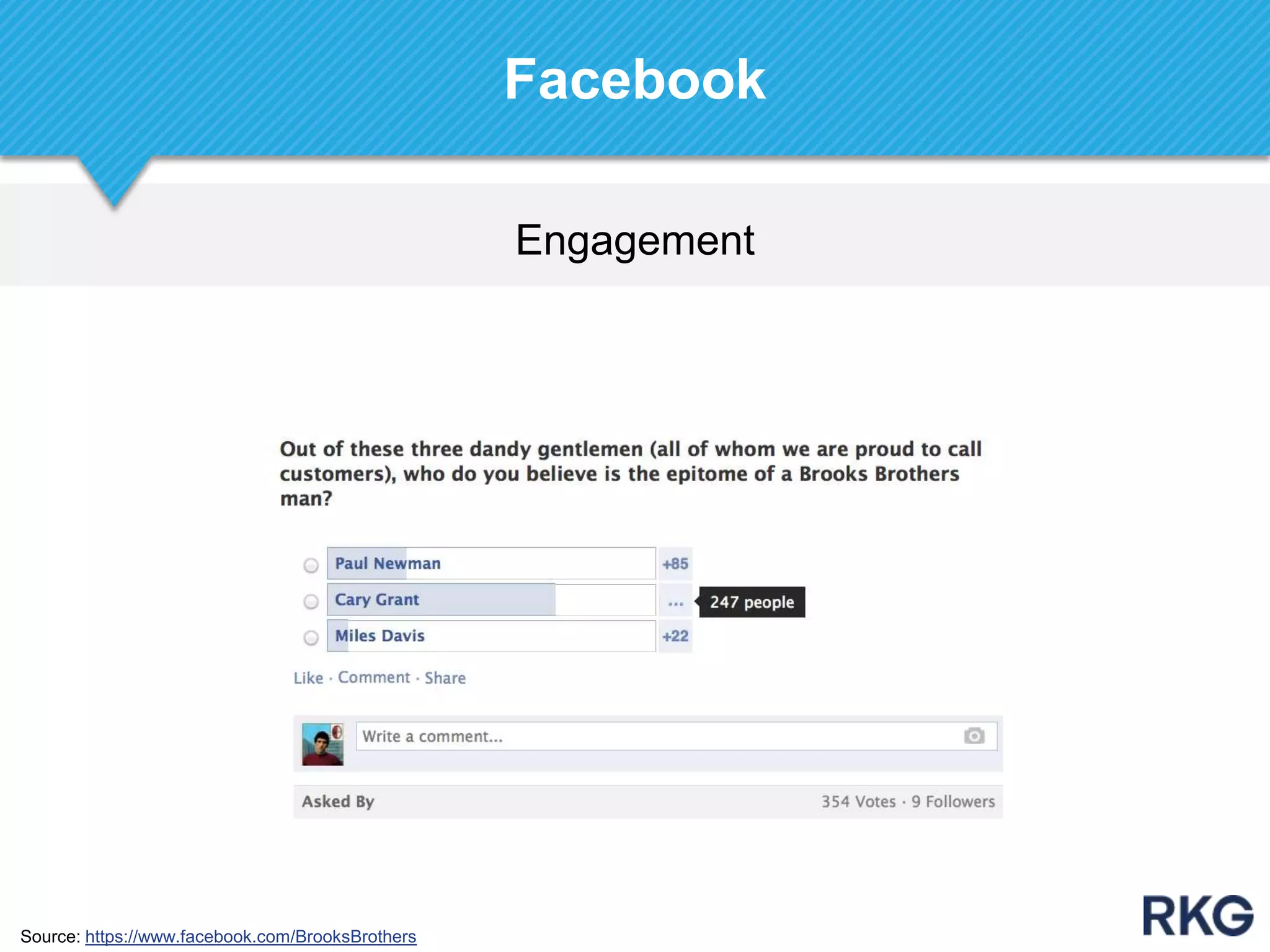 Engagement
Facebook
Source: https://www.facebook.com/BrooksBrothers
 