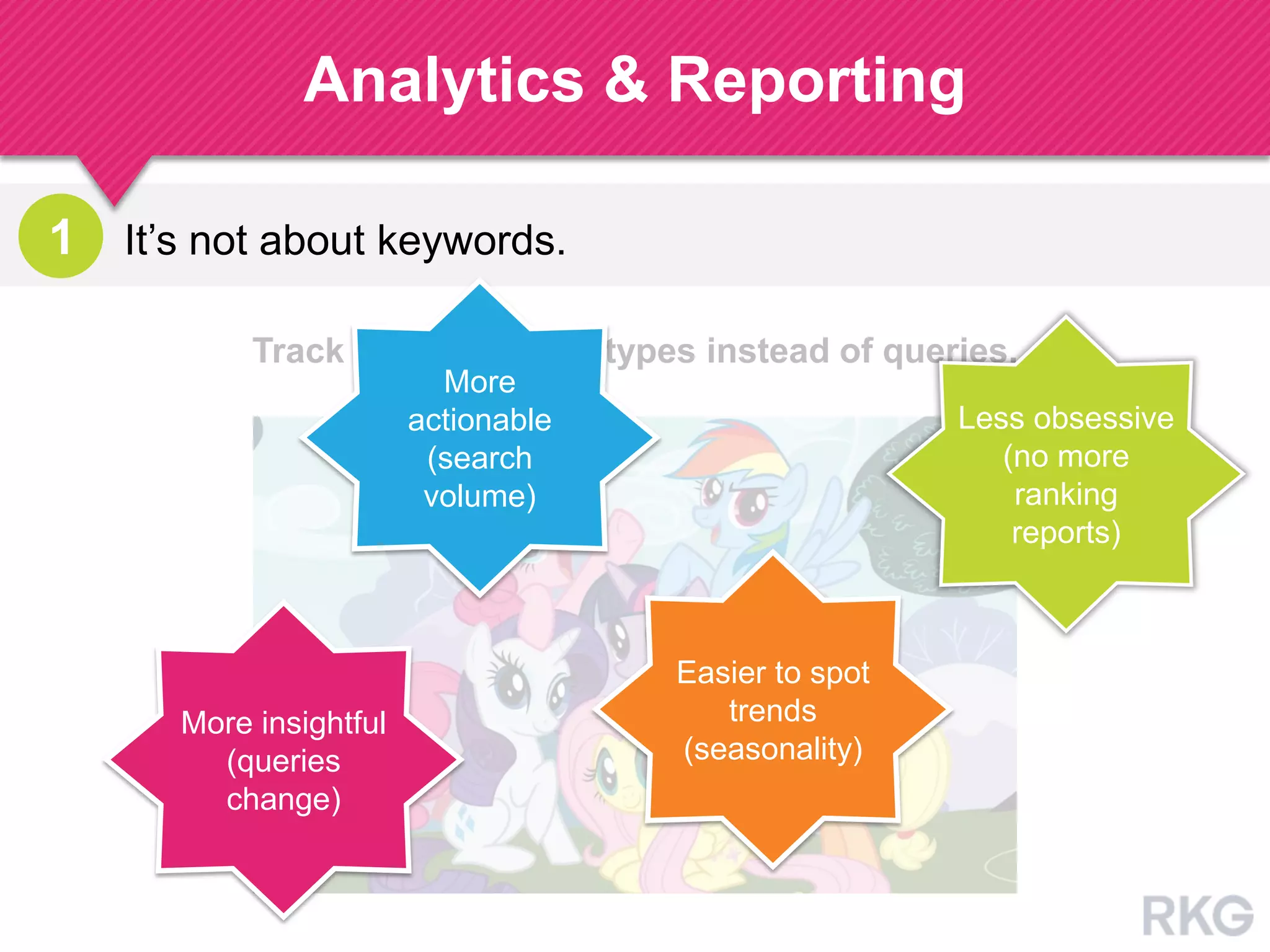 Track topics or page types instead of queries.
It‟s not about keywords.
Analytics & Reporting
1
More insightful
(queries
change)
More
actionable
(search
volume)
Easier to spot
trends
(seasonality)
Less obsessive
(no more
ranking
reports)
 