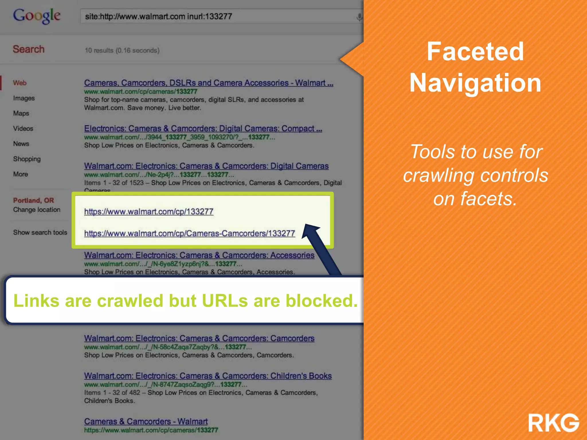 Links are crawled but URLs are blocked.
Faceted
Navigation
Tools to use for
crawling controls
on facets.
 