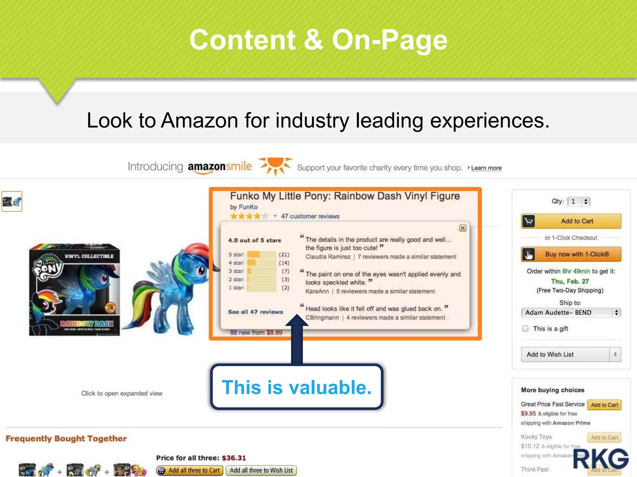 Look to Amazon for industry leading experiences.
Content & On-Page
This is valuable.
 