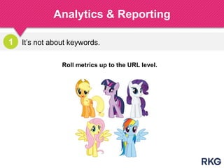 Analytics & Reporting
Roll metrics up to the URL level.
It‟s not about keywords.1
 