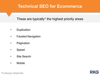 These are typically* the highest priority areas
Technical SEO for Ecommerce
*it always depends
• Duplication
• Faceted Navigation
• Pagination
• Speed
• Site Search
• Mobile
 