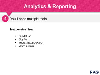 You‟ll need multiple tools.
Analytics & Reporting
202
4
Inexpensive / free:
• SEMRush
• SpyFu
• Tools.SEOBook.com
• Wordstream
 