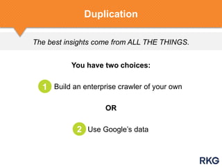The best insights come from ALL THE THINGS.
Duplication
You have two choices:
Build an enterprise crawler of your own
OR
Use Google‟s data
1
2
 