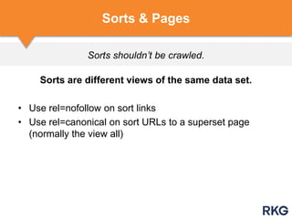 Sorts shouldn’t be crawled.
Sorts & Pages
Sorts are different views of the same data set.
• Use rel=nofollow on sort links
• Use rel=canonical on sort URLs to a superset page
(normally the view all)
 