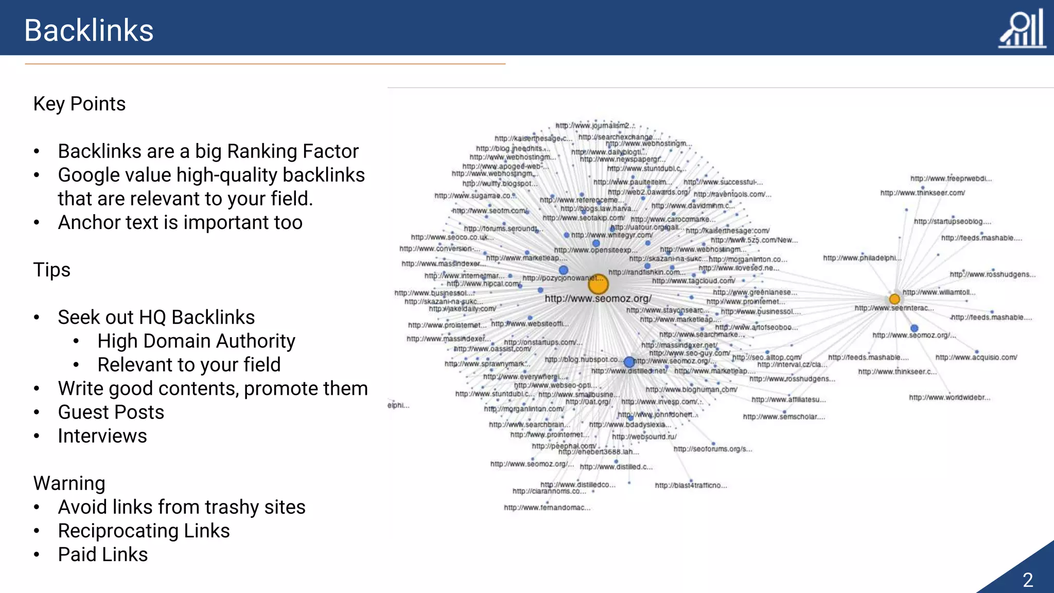 Backlinks
2
Key Points
• Backlinks are a big Ranking Factor
• Google value high-quality backlinks
that are relevant to your field.
• Anchor text is important too
Tips
• Seek out HQ Backlinks
• High Domain Authority
• Relevant to your field
• Write good contents, promote them
• Guest Posts
• Interviews
Warning
• Avoid links from trashy sites
• Reciprocating Links
• Paid Links
 