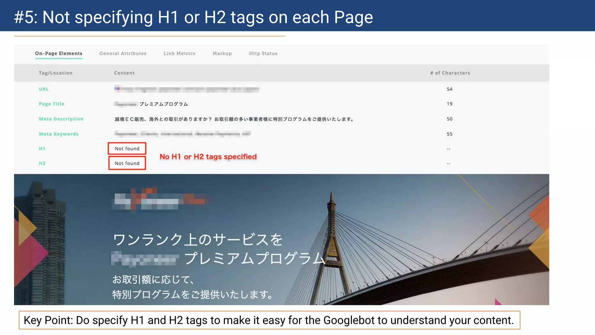 #5: Not specifying H1 or H2 tags on each Page
Key Point: Do specify H1 and H2 tags to make it easy for the Googlebot to understand your content.
 