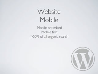Website
Mobile
Mobile optimized
Mobile ﬁrst
50% of all organic search
 
