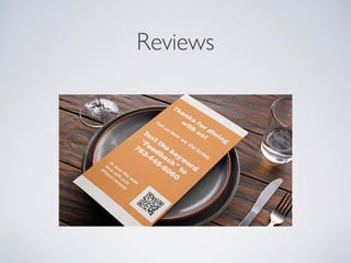Reviews
• Verbal
• Printed card
• Email
• Text
• ???
 