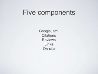 Five components
Google, etc.
Citations
Reviews
Links
On-site
 