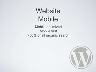 Website
Mobile
Mobile optimized
Mobile first
>50% of all organic search
 