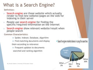 What is a Search Engine?
Definition:
 Search engine are those website which actually
render to find new website/pages on the web for
indexing in their server
 People use search engine for finding the
specific/required information on the internet
 Search engine show relevant website/result when
people search
Common Characteristics:
 Spider, Indexer, Database, Algorithm
 Find matching documents and display
them according to relevance
 Frequent updates to documents
searched and ranking algorithm
By Sohaib Saleem, University Of Education Okara 3
Google
74%
Yahoo
16%
Bing
5%
Ask
3%
Other
2%
 