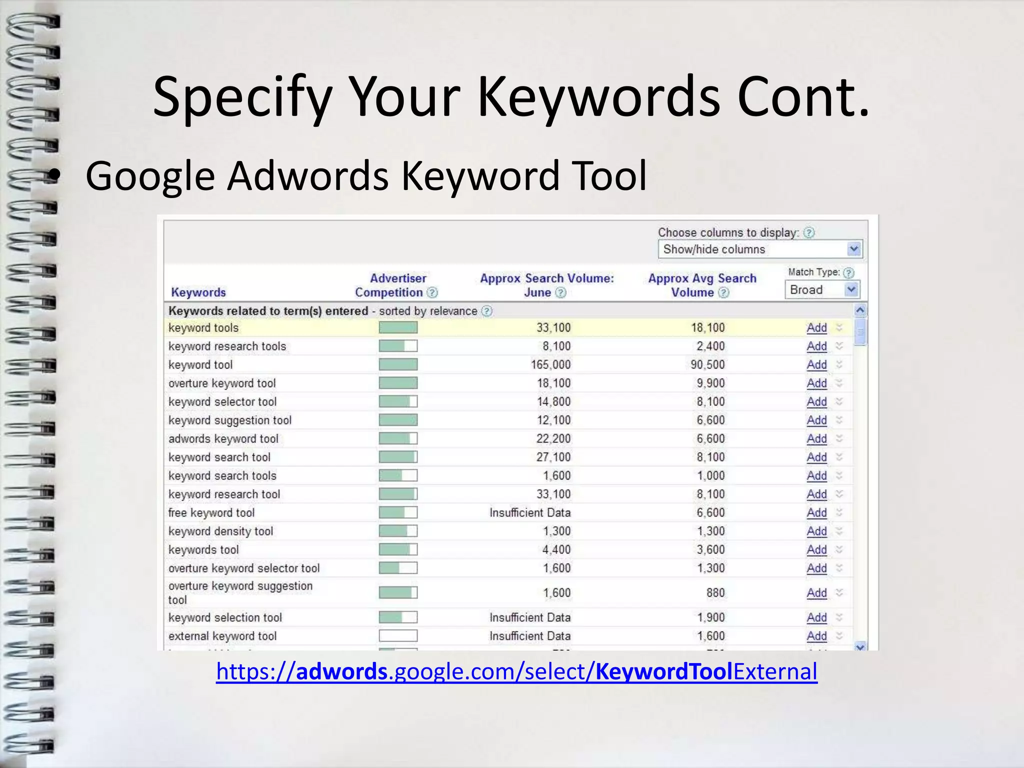 Specify Your Keywords Cont.
• Google Adwords Keyword Tool




        https://adwords.google.com/select/KeywordToolExternal
 