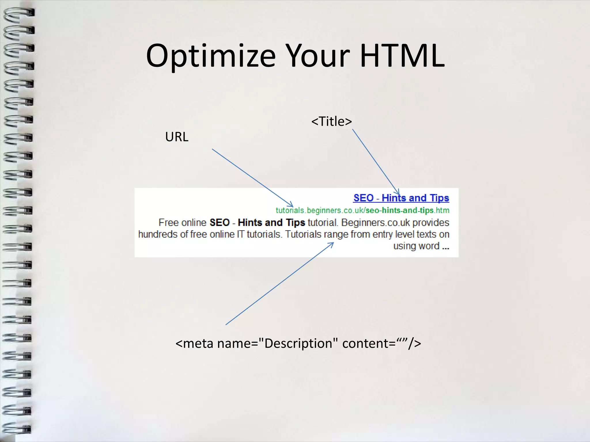 Optimize Your HTML
                      <Title>
 URL




  <meta name="Description" content=“”/>
 