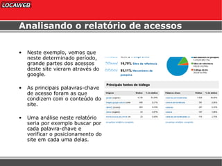 Analisando o relatório de acessos Neste exemplo, vemos que neste determinado período, grande partes dos acessos deste site vieram através do google. As principais palavras-chave de acesso foram as que condizem com o conteúdo do site. Uma análise neste relatório seria por exemplo buscar por cada palavra-chave e verificar o posicionamento do site em cada uma delas. 