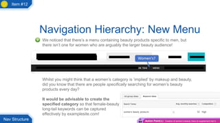 Navigation Hierarchy: New Menu
We noticed that there’s a menu containing beauty products specific to men, but
there isn’t one for women who are arguably the larger beauty audience!
Whilst you might think that a women’s category is ‘implied’ by makeup and beauty,
did you know that there are people specifically searching for women’s beauty
products every day?
It would be advisable to create the
specified category so that female-beauty
long-tail keywords can be captured
effectively by examplesite.com!
Nav Structure Action Point(s): Creation of women’s beauty menu to supplement men’s
Item #12
 