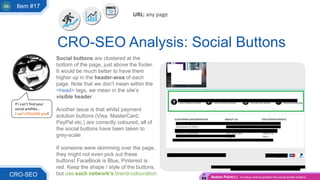 Social buttons are clustered at the
bottom of the page, just above the footer.
It would be much better to have them
higher up in the header-area of each
page. Note that we don’t mean within the
<head> tags, we mean in the site’s
visible header
Another issue is that whilst payment
solution buttons (Visa, MasterCard,
PayPal etc.) are correctly coloured, all of
the social buttons have been taken to
grey-scale
If someone were skimming over the page,
they might not even pick out these
buttons! FaceBook is Blue, Pinterest is
red. Keep the shape / style of the buttons,
but use each network’s brand-colouration
CRO-SEO Analysis: Social Buttons
CRO-SEO
If I can’t find your
social profiles…
I can’t FOLLOW you!
Action Point(s): re-colour and re-position the social profile buttons
URL: any page
Item #17
 