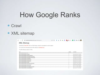  Crawl
 XML sitemap
How Google Ranks
 