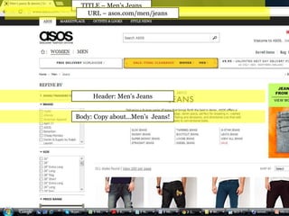 TITLE – Men’s Jeans
           URL – asos.com/men/jeans

Click through rates



             Header: Men’s Jeans


        Body: Copy about...Men’s Jeans!
 