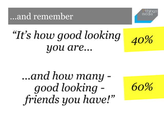 ...and remember

“It’s how good looking 40%
        you are...

  ...and how many -
      good looking -    60%
   friends you have!”
 