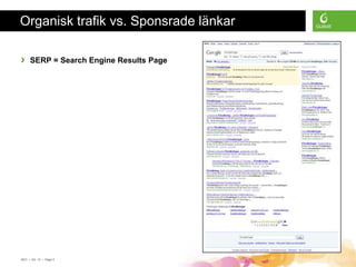 Organisk trafik vs. Sponsrade länkar

›    SERP = Search Engine Results Page




SEO • 4/2 -10 • Page 5
 