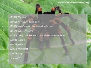 •(1993) Wandex.

•(1993) Aliweb. Todavía existe

•(1994) WebCrawler. 1er buscador de texto.

•(1994) Lycos, Altavista.

•(1996) Olé y Ozú. Primeros buscadores en castellano.

•(2001) Google.

•(2004) Yahoo!.

•(2005) Microsoft

•(2009) Bing!

• Y ahora?
 