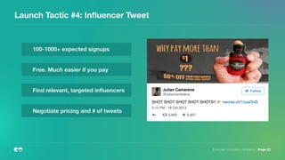 Launch Tactic #4: Inﬂuencer Tweet
European Innovation Academy | Page 23
100-1000+ expected signups
Free. Much easier if you pay
Find relevant, targeted inﬂuencers
Negotiate pricing and # of tweets
 