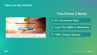 European Innovation Academy | Page 32
Here are the metrics
Time Period: 2 Weeks
6% Conversion Rate
Less Than $200 on Marketing
1000+ Unique Signups
 
