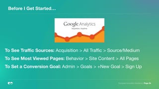 Before I Get Started…
European Innovation Academy | Page 3b
To See Traﬃc Sources: Acquisition > All Traﬃc > Source/Medium

To See Most Viewed Pages: Behavior > Site Content > All Pages

To Set a Conversion Goal: Admin > Goals > +New Goal > Sign Up
 
