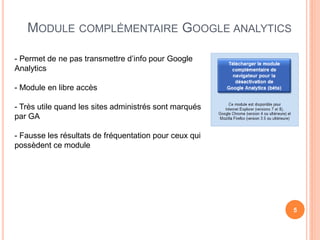 MODULE COMPLÉMENTAIRE GOOGLE ANALYTICS

- Permet de ne pas transmettre d’info pour Google
Analytics

- Module en libre accès

- Très utile quand les sites administrés sont marqués
par GA

- Fausse les résultats de fréquentation pour ceux qui
possèdent ce module




                                                        5
 