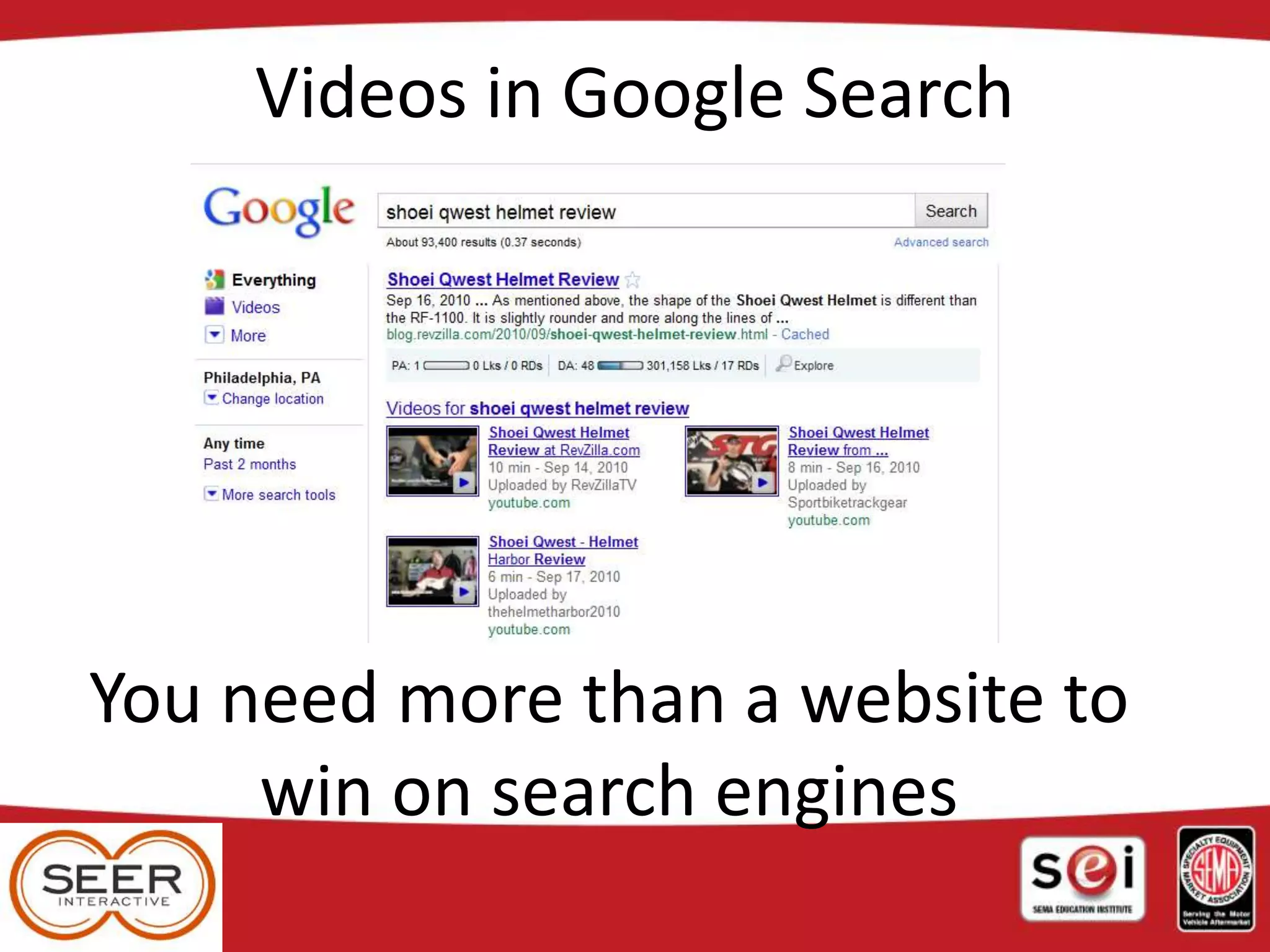 Videos in Google Search
You need more than a website to
win on search engines
 