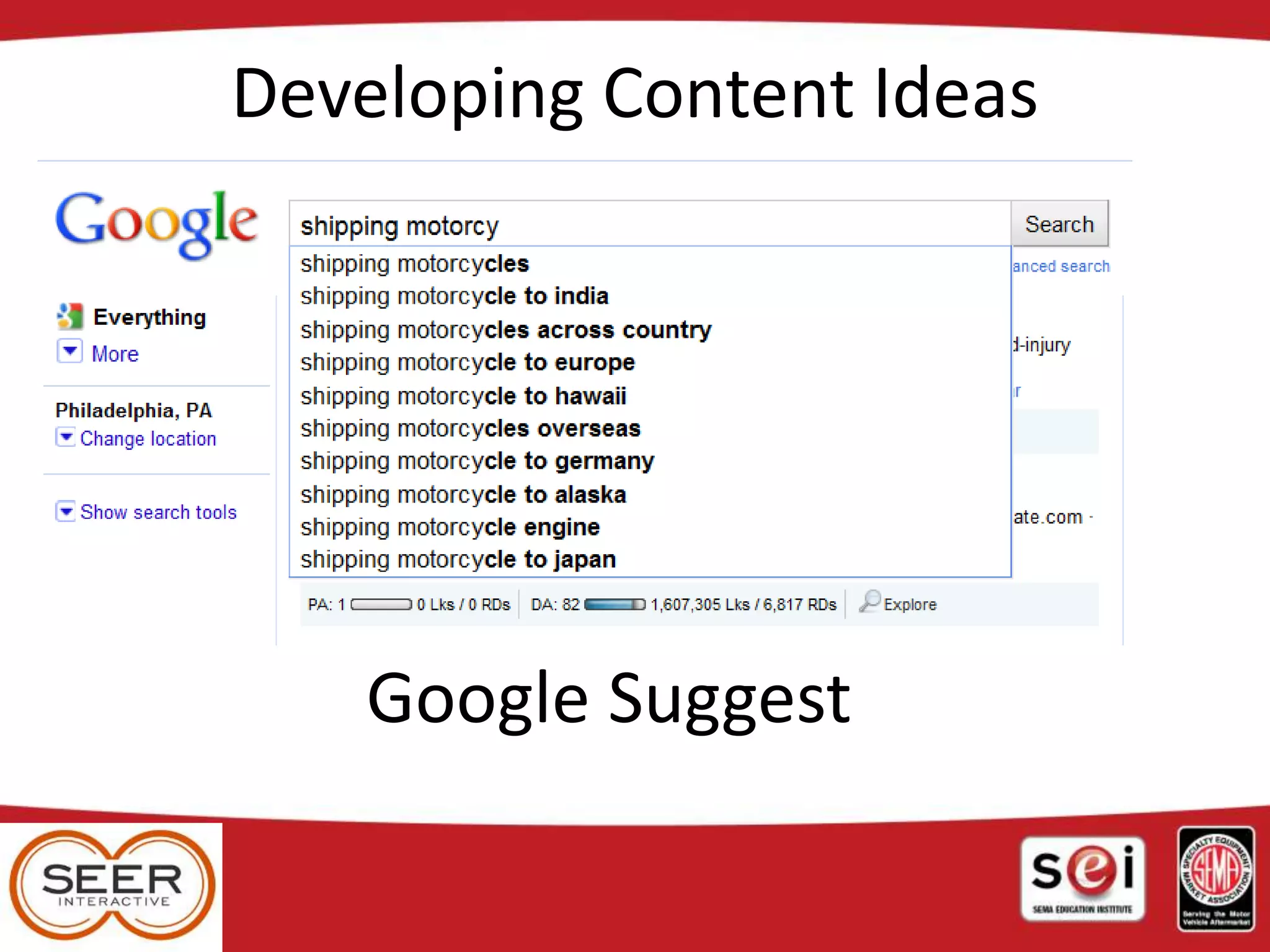 Developing Content Ideas
Google Suggest
 