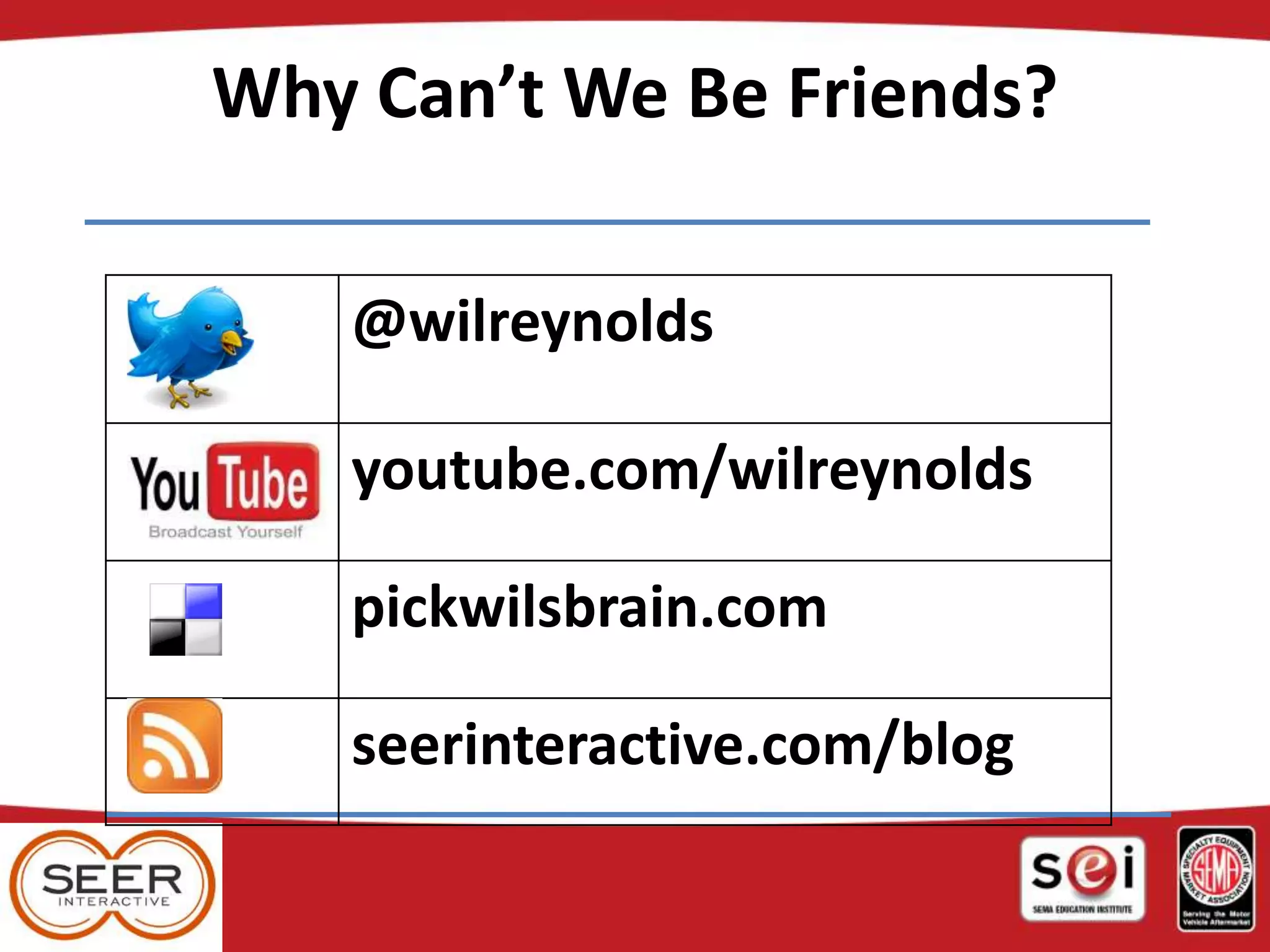 Why Can’t We Be Friends?
@wilreynolds
youtube.com/wilreynolds
pickwilsbrain.com
seerinteractive.com/blog
 