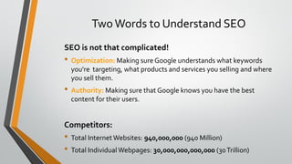 Two Words to Understand SEO
SEO is not that complicated!
• Optimization: Making sure Google understands what keywords
you're targeting, what products and services you selling and where
you sell them.
• Authority: Making sure that Google knows you have the best
content for their users.
Competitors:
• Total Internet Websites: 940,000,000 (940 Million)
• Total Individual Webpages: 30,000,000,000,000 (30Trillion)
 