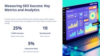 Measuring SEO Success: Key
Metrics and Analytics
Track key metrics to measure SEO performance. Monitor organic traffic, keyword
rankings, and conversion rates. Use analytics tools to gain insights and optimize your
strategy.
25%
Traffic Increase
Organic visitors grow.
10
Top Keywords
Rank in top ten.
5%
Conversion Rate
Site conversions improve.
 