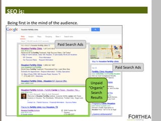SEO is:
Being first in the mind of the audience.



                            Paid Search Ads




                                                          Paid Search Ads


                                               Unpaid
                                              “Organic”
                                               Search
                                               Results
 