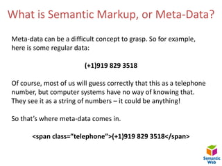 What is Semantic Markup, or Meta-Data?Meta-data can be a difficult concept to grasp. So for example, here is some regular data:(+1)919 829 3518Of course, most of us will guess correctly that this as a telephone number, but computer systems have no way of knowing that. They see it as a string of numbers – it could be anything! So that’s where meta-data comes in.<span class=”telephone”>(+1)919 829 3518</span>