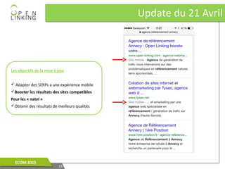 1515
ECOM 2015ECOM 2015
Update du 21 AvrilUpdate du 21 Avril
Les objectifs de la mise à jour
 Adapter des SERPs a une expérience mobile
Booster les résultats des sites compatibles
Pour les « natel »
Obtenir des résultats de meilleurs qualités
 