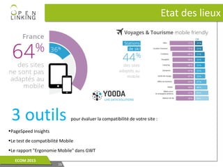 1616
ECOM 2015ECOM 2015
Etat des lieuxEtat des lieux
3 outils pour évaluer la compatibilité de votre site :
•PageSpeed Insights
•Le test de compatibilité Mobile
•Le rapport "Ergonomie Mobile" dans GWT
 