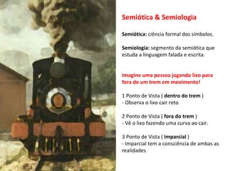 Semiótica & Semiologia Semiótica:  ciência formal dos símbolos. Semiologia:  segmento da semiótica que estuda a linguagem falada e escrita. Imagine uma pessoa jogando lixo para fora de um trem em movimento! 1 Ponto de Vista (  dentro do trem  ) - Observa o lixo cair reto 2 Ponto de Vista (  fora do trem  ) - Vê o lixo fazendo uma curva ao cair. 3 Ponto de Vista (  Imparcial  ) - Imparcial tem a consciência de ambas as realidades  