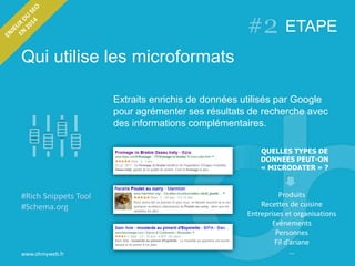 Qui utilise les microformats
www.ohmyweb.fr
#Rich Snippets Tool
#Schema.org
ETAPE
Extraits enrichis de données utilisés par Google
pour agrémenter ses résultats de recherche avec
des informations complémentaires.
Produits
Recettes de cuisine
Entreprises et organisations
Evénements
Personnes
Fil d’ariane
…
QUELLES TYPES DE
DONNEES PEUT-ON
« MICRODATER » ?
 